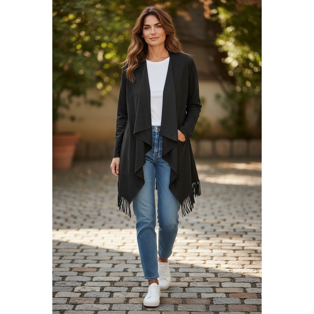 Gianni Bini Faux Suede Fringe Open Front Waterfall Cardigan Jacket Black Medium